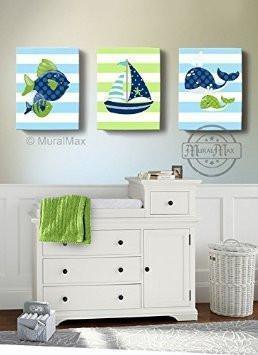 Nautical Sailboat &amp; Whale Baby Boy Nursery Art - Blue Green Boys Room Decor - Set of 3Baby ProductMuralMax Interiors