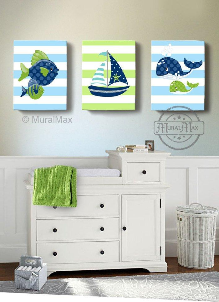 Nautical Sailboat & Whale Baby Boy Nursery Art - Blue Green Boys Room Decor - Set of 3