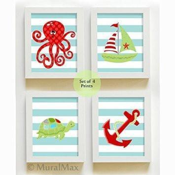 Nautical Treasures & Sea Life Nursery Art - Striped Unframed Prints - Set of 4-B018KOCRG2