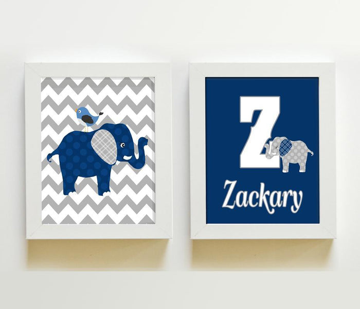 Navy and Gray Boy Nursery Art - Personalized Chevron Elephant Boy Room Decor - Set of 2 - Unframed Prints
