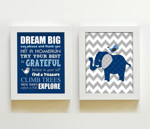 Navy And Gray Playroom Rules - Dream Big Elephant Prints - Set of 2 - Unframed Prints-MuralMax Interiors