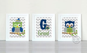 Navy and Green Personalized Nursery Owl Prints - Chevron Unframed Prints - Set of 4-MuralMax Interiors