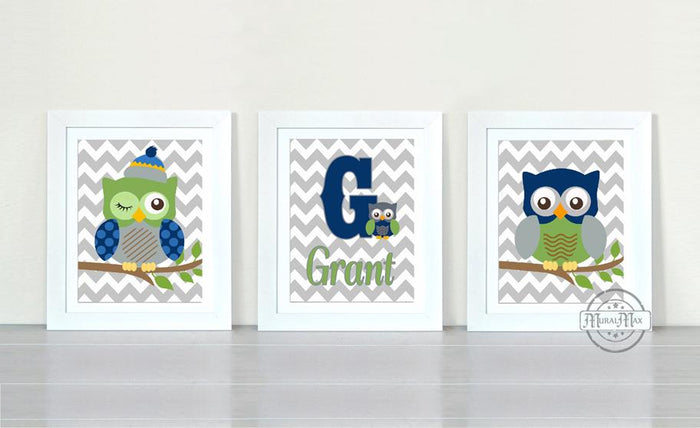Navy and Green Personalized Nursery Owl Prints - Chevron Unframed Prints - Set of 4