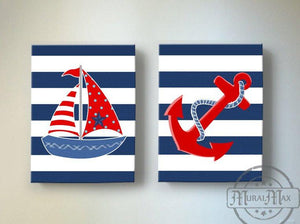 Navy And Red Nautical Nursery Art - Nautical Sailboat & Anchor Canvas Wall Decor - Set of 2-MuralMax Interiors