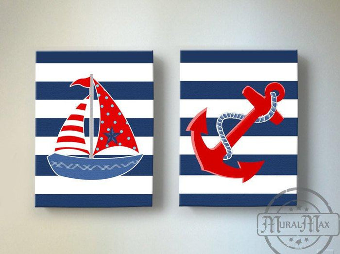 Navy And Red Nautical Nursery Art - Nautical Sailboat & Anchor Canvas Wall Decor - Set of 2