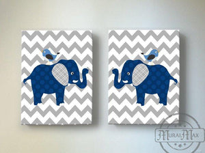 Navy & Gray Nursery Decor - Elephants Canvas Nursery Wall Art - Set of 2-MuralMax Interiors