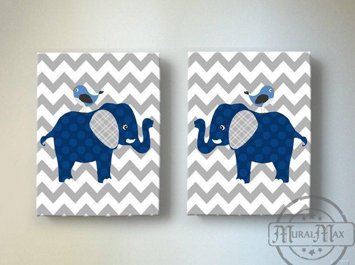 Navy & Gray Nursery Decor - Elephants Canvas Nursery Wall Art - Set of 2
