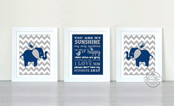 Navy & Gray You Are My Sunshine & Elephant Boy Room Decor - Set of 3 - Unframed Prints