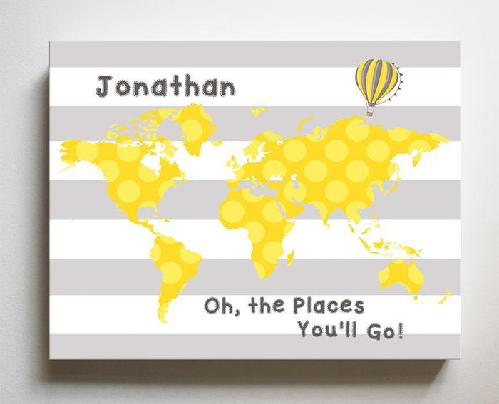 Neutral Baby Nursery Personalized - Dr Seuss Nursery Decor - Striped Canvas World Map Collection - Oh The Places You'll Go --B018ISFI16