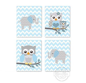 Nursery Animals Owl Family & Elephants Prints - Set of 4 Baby Blue and Gray Wall Art - Unframed Prints-MuralMax Interiors