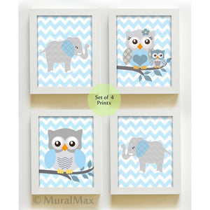 Nursery Animals Owl Family & Elephants Prints - Set of 4 Baby Blue and Gray Wall Art - Unframed Prints-MuralMax Interiors