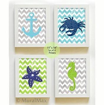 Nursery Art - Beach Nautical Nursery Decor - Chevron Unframed Prints - Set of 4-B018KOBLEG