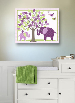 Nursery Art - Elephant Girls Room Decor - Mom & Baby Elephant Safari Canvas Art - Deep Purple-MuralMax Interiors
