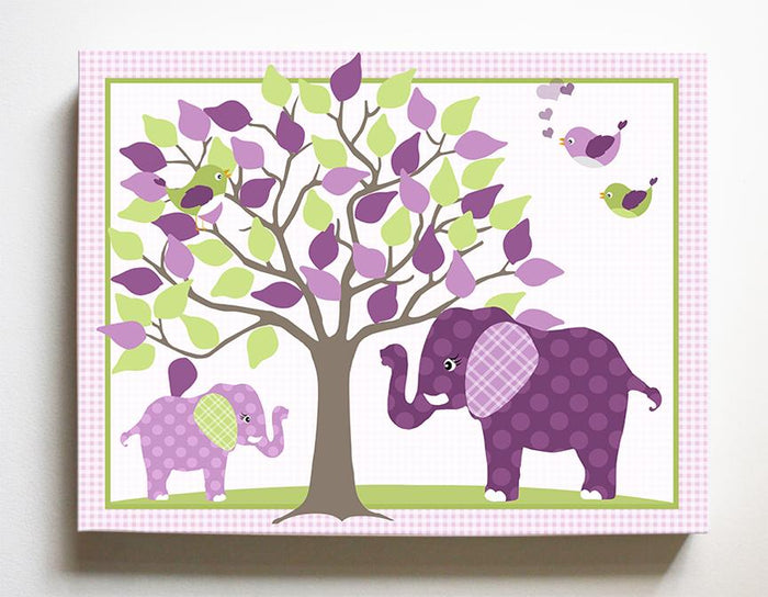Nursery Art - Elephant Girls Room Decor - Mom & Baby Elephant Safari Canvas Art - Deep Purple