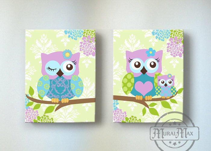 Nursery Art - Floral Owl Girl Room Decor - Purple & Blue Canvas Decor - Set of 2