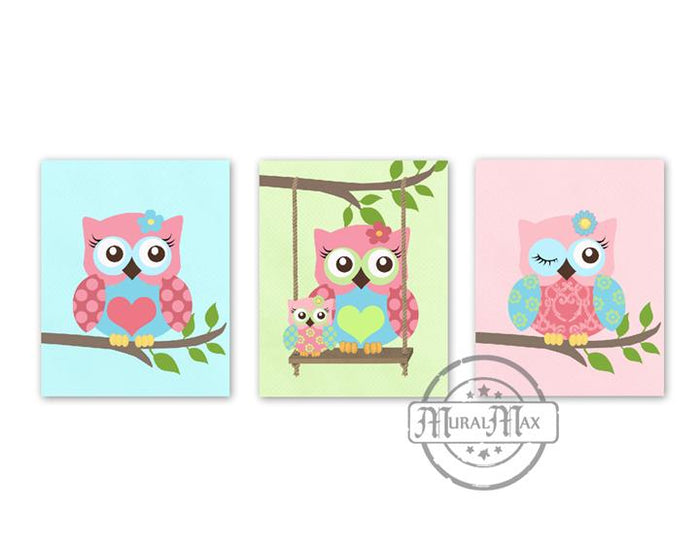 Nursery Art For Girls - Owl Girl Room Wall Decor - Unframed Prints - Set of 3
