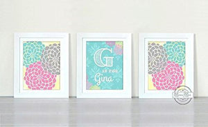 Nursery Art for Girl's Personalized Floral Mums Collection - Set of 3 - Unframed Prints-B01CRT93WW-MuralMax Interiors