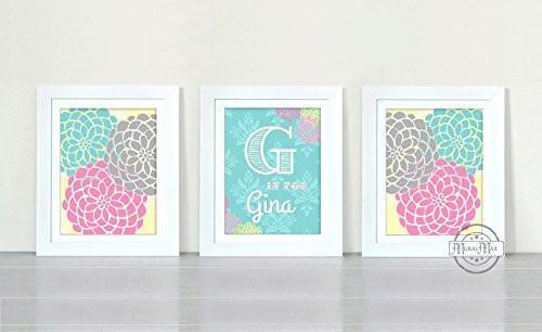 Nursery Art for Girl's Personalized Floral Mums Collection - Set of 3 - Unframed Prints-B01CRT93WW