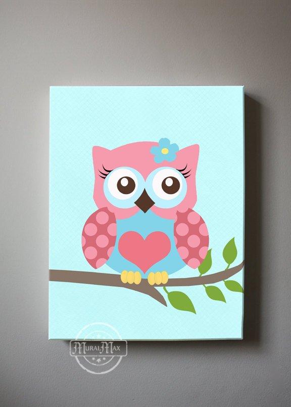 Nursery Art For Girls - Pink & Blue Baby Owl Canvas Nursery Art