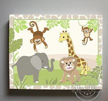 Nursery Art - Nursery Decor - Safari Animals Stretched Canvas Nursery Art - Gender Neutral Kids Wall Art