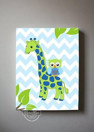 Nursery Art - Owl & Giraffe Safari Boys Room Decor - Blue Green Nursery Wall Art-MuralMax Interiors