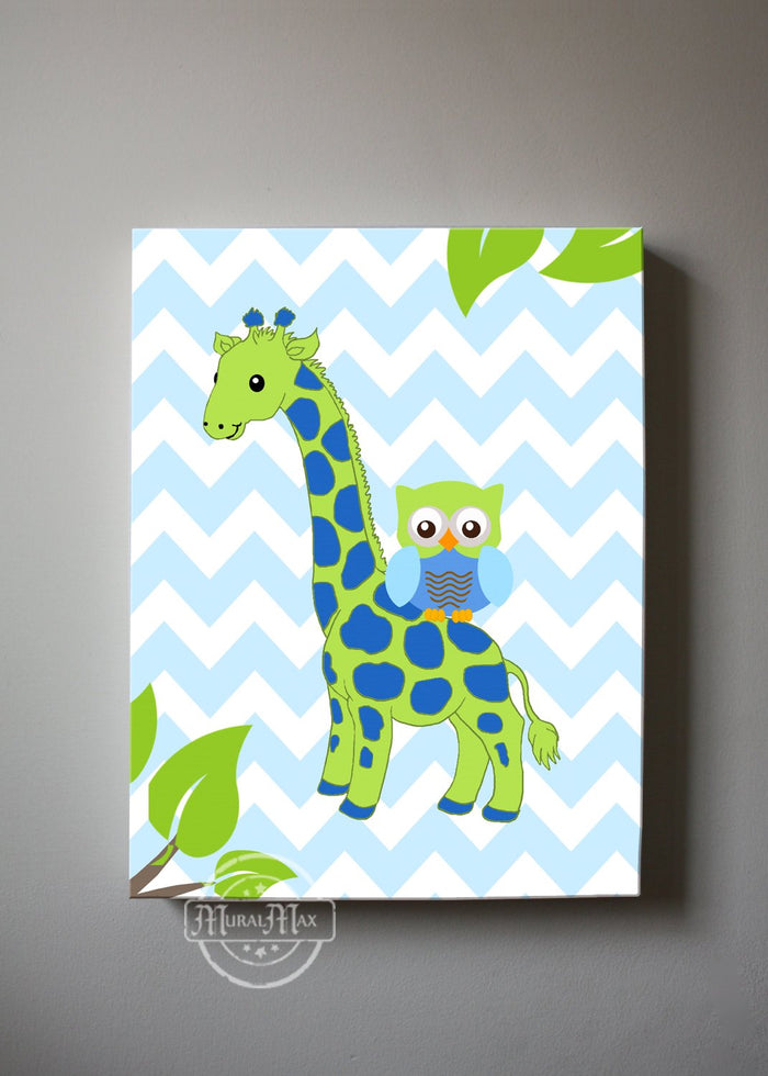Nursery Art - Owl & Giraffe Safari Boys Room Decor - Blue Green Nursery Wall Art
