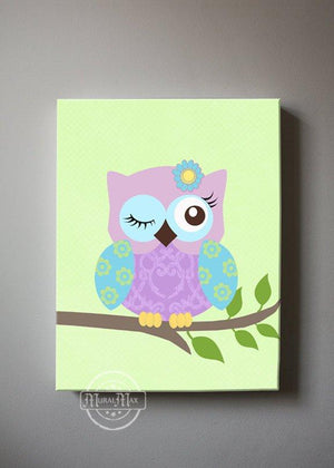 Nursery Art - Owl Green & Purple Girl Room Decor - Canvas Art-MuralMax Interiors