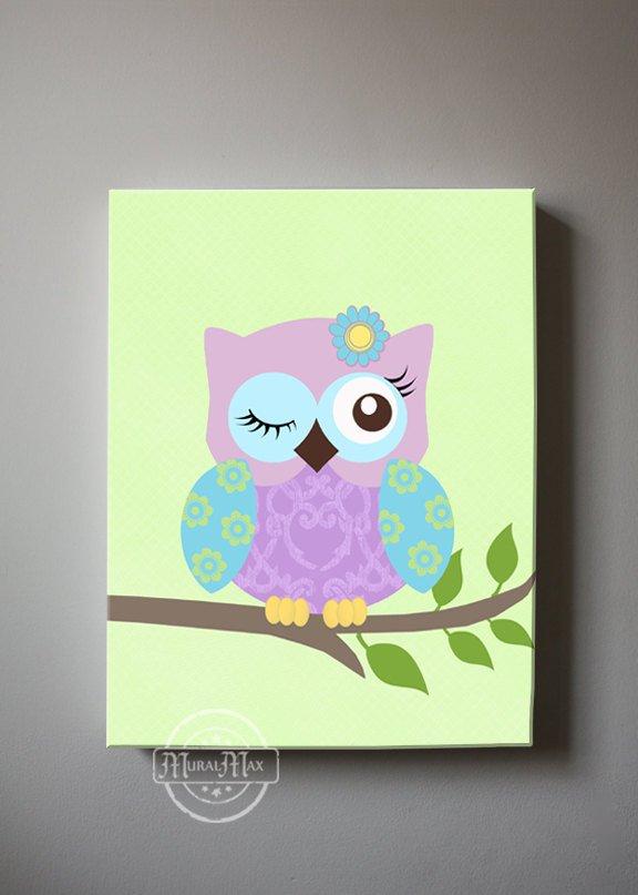 Nursery Art - Owl Green & Purple Girl Room Decor - Canvas Art