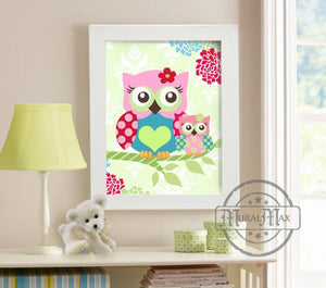 Nursery Art Print - Mother & Daughter Owls Art - Unframed Print-Pink Green Teal Colors-MuralMax Interiors