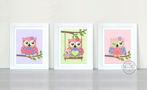 Nursery Art Print - Purple Pink Owl Girl Room Decor - Unframed Prints - Set of 3-MuralMax Interiors