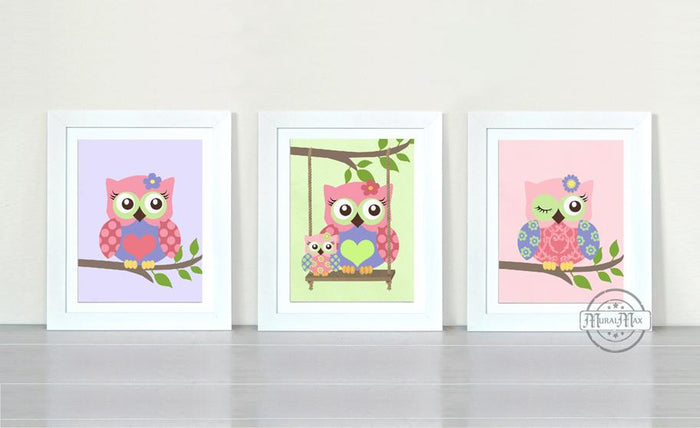 Nursery Art Print - Purple Pink Owl Girl Room Decor - Unframed Prints - Set of 3