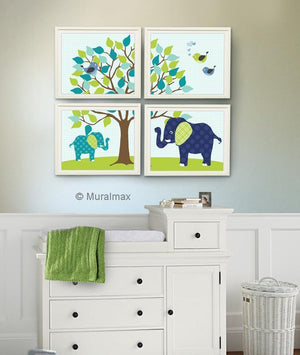 Nursery Art Prints Elephants & Tree Garden Baby Boy Nursery Decor - Unframed Prints - Set of 4-MuralMax Interiors
