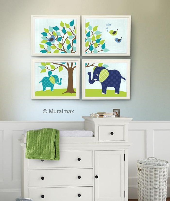 Nursery Art Prints Elephants & Tree Garden Baby Boy Nursery Decor - Unframed Prints - Set of 4