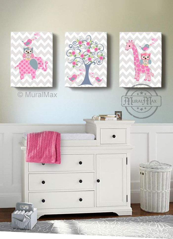 Nursery Art - Tree Birds With Elephants & Giraffe Canvas Art - Baby Girl Room Decor - Set of 3