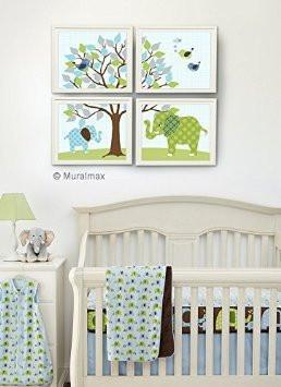 Nursery Art - Whimsical Elephants & Tree - Unframed Prints - Aqua Green Boy Nursery Decor -Set of 4-MuralMax Interiors