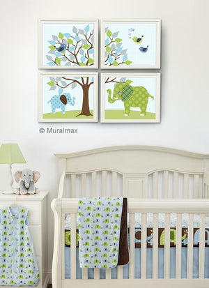 Nursery Art - Whimsical Elephants & Tree - Unframed Prints - Aqua Green Boy Nursery Decor -Set of 4-MuralMax Interiors