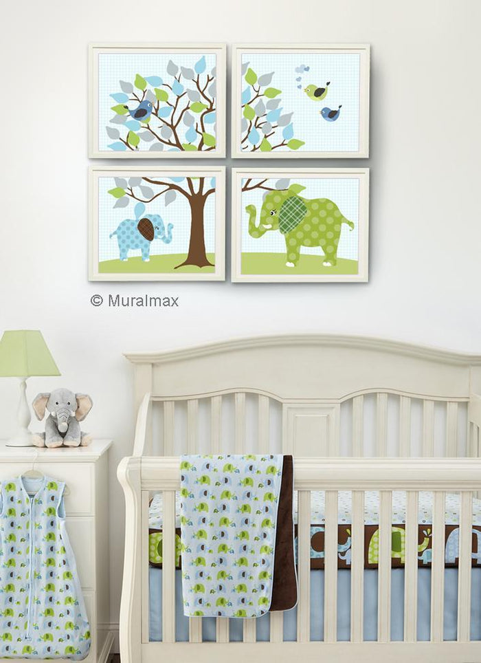 Nursery Art - Whimsical Elephants & Tree - Unframed Prints - Aqua Green Boy Nursery Decor -Set of 4