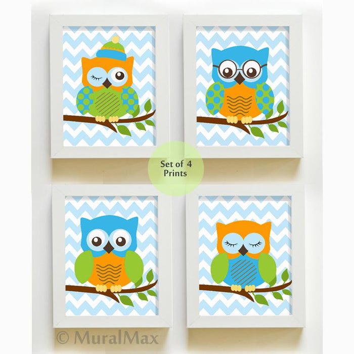 Nursery Decor - Baby Boy Owl Wall Art - Chevron Unframed Prints -Set of 4