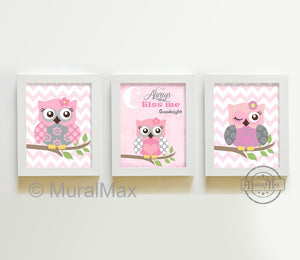 Nursery Decor - Baby Girl Owl Theme - Always Kiss Me Goodnight - Unframed Prints - Set of 3-MuralMax Interiors