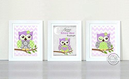 Nursery Decor - Baby Girl Owl Theme - Always Kiss Me Goodnight - Unframed Prints - Set of 3