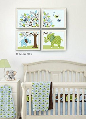 Nursery Decor For Baby Boys - Elephants & Tree Wall Art - Unframed Prints - Set of 4-MuralMax Interiors