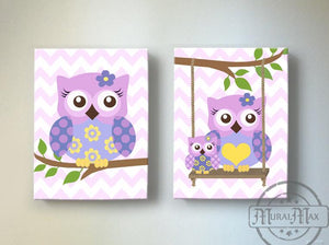 Nursery Decor - Lilac Owl Family Canvas Nursery Art -The Owl Collection - Set of 2-MuralMax Interiors