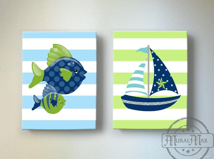 Nursery Decor - Nautical Sailboat & Fish Boy Room Canvas Wall Art - Set of 2 Navy Green Nautical Decor