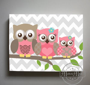 Nursery Decor Owl Nursery Art - Owl Family Canvas Decor - Mom Dad & Baby Owl-MuralMax Interiors