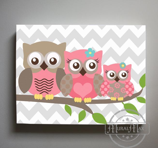 Nursery Decor Owl Nursery Art - Owl Family Canvas Decor - Mom Dad & Baby Owl