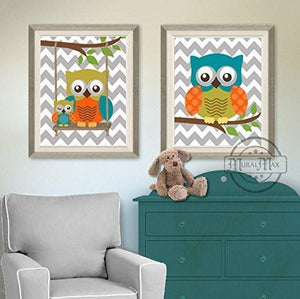 Nursery Decor - Owl Wall Art - Chevron Teal Orange Boys Room Decor - Unframed Prints - Set of 2-MuralMax Interiors