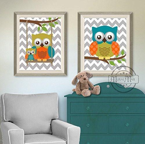 Nursery Decor - Owl Wall Art - Chevron Teal Orange Boys Room Decor - Unframed Prints - Set of 2