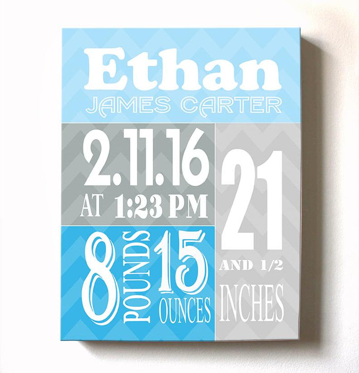 Nursery Decor - Personalized Baby Stats - Baby Boy Birth Announcement Canvas Wall Art