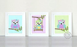 Nursery Decor - Purple Owl Nursery Art Prints - Unframed Prints - Set of 3-MuralMax Interiors