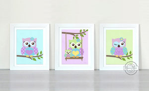 Nursery Decor - Purple Owl Nursery Art Prints - Unframed Prints - Set of 3-MuralMax Interiors